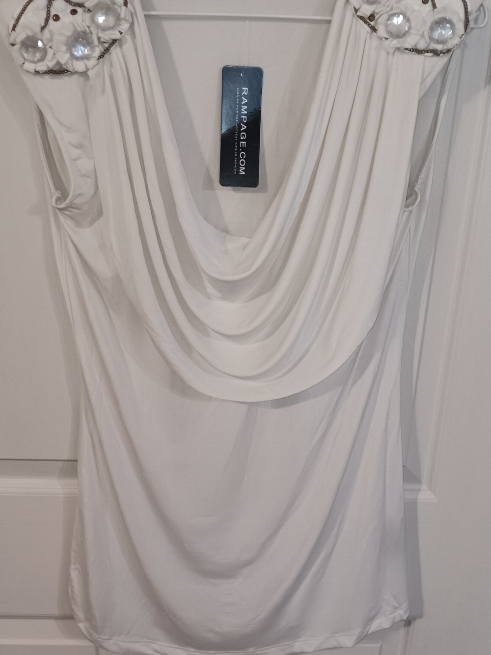 Rampage White Cowl Neck Tank with Jeweled Shoulder Detail